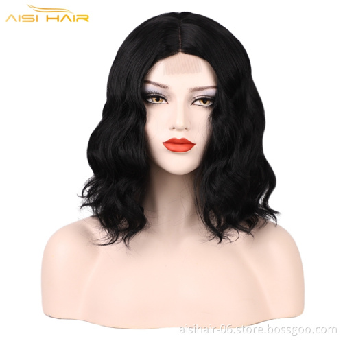 Aisi Top Quality Short Wavy Bob Wigs For Black Women Middle Part Synthetic Lace Black Wigs Wholesale Price